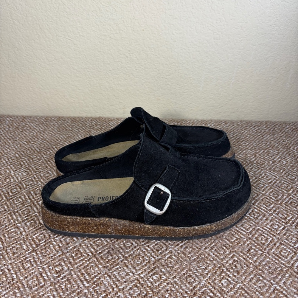 Project Cloud Suede Buckle Clog Mules Women 10 Black Soft Footbed Moc Slip On